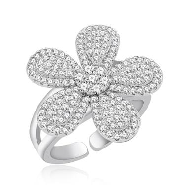 Imagem de Tobestu Anel floral de zircão banhado a platina - Anel de declaração de design de flor de cinco pétalas grandes para mulheres YA6263, Adjustable, Pedra, Zircônia cúbica