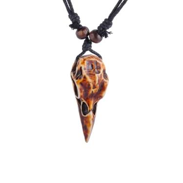 Imagem de Colar masculino vintage nórdico com pingente de caveira de corvo viking com contas, tecido à mão, corda ajustável, resina, sem pedras preciosas
