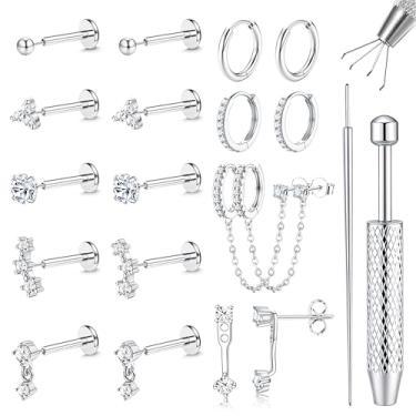 Imagem de LOLIAS 16G/18G/20G Brincos de costas planas para mulheres brincos de argola de aço cirúrgico sem rosca piercing de nariz hipoalergênico CZ cartilagem conjunto de brincos labret helix tragus conch