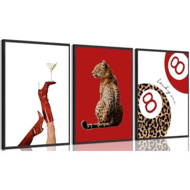 Imagem de Conjunto de 3 arte de parede em tela leopardo moderna Martini 8 bolas de decoração de parede para decoração de parede feminismo estética de chita para decoração de quarto feminino 40,6 x 61 cm sem