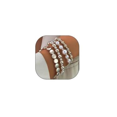 Imagem de Navirix Conjunto de 4 pulseiras de pérolas com contas de prata para mulheres, empilháveis, elásticas, pérolas, contas, pulseiras, pulseiras, acessórios de joias, Large, Liga metálica, Sem Pedra