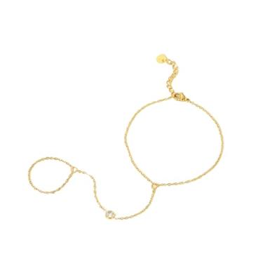 Imagem de RUOXITIA Pulseira de ouro com conexão de anel de dedo, anel de dedo banhado a ouro 18 K, joia ajustável de zircônia, presente de tendência personalizado feminino, Small, Aço inoxidável, Zircônia