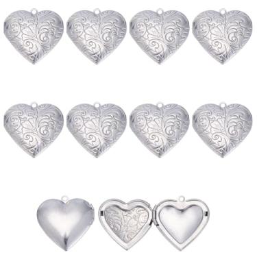 Imagem de PLIGREAT 10 pingentes de porta-retrato de coração, pingente para fotos pingente de medalhão aberto de coração 29 cm/11,4 polegadas pingente memorial de aço inoxidável para fabricação de joias, prata