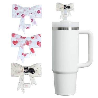 Imagem de HIUSITY Cobertura de canudo de laço com impressão UV para copo Stanley, tampas de canudo de silicone para copo com alça de 1,134 g, tampa de canudos fofos de 10 mm/0,4 pol, tampa de canudos