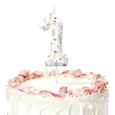 Imagem de Velas de aniversário de flores silvestres para bolo, velas número 1, decorações de aniversário, suprimentos de festa, topo de bolo de flores silvestres para decorações de festa temática para meninos e