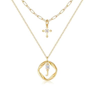 Imagem de YOVIEE Colares em camadas com inicial para mulheres, pingente de círculo banhado a ouro 14K, pingente de zircônia, nome personalizado, clipe de papel, gargantilha cruzada, joias de cristal, presentes