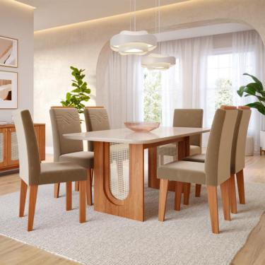 Imagem de Conjunto de Mesa Retangular com Tampo de Vidro Off White Valentina e 6 Cadeiras Tais e Maia Suede Joli e Amadeirado