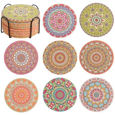 Imagem de Conjunto de 8 porta-copos de Natal, porta-copos de cortiça para bebidas, porta-copos fofos com suporte, porta-copos coloridos para decoração de Natal de apartamento, casa, bar, para amigos (Mandala 8)