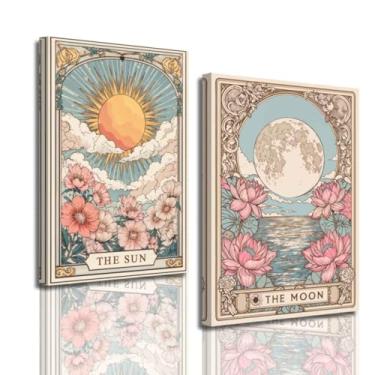 Imagem de ZSHARTSWD 2 peças de arte de parede de sol e lua impressões em tela floral celestial imagens de tarô vintage pinturas de astrologia mística para decoração de casa de quarto emoldurado (rosa, 28 cm x