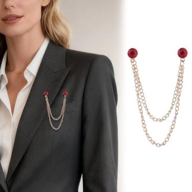 Imagem de Retrô banhado a ouro prata corrente cristal broches redondos colar pinos strass com corrente pendurada terno camisa lapela broche broche jóias moda para homens mulheres, Medium, Cristal, Cristal
