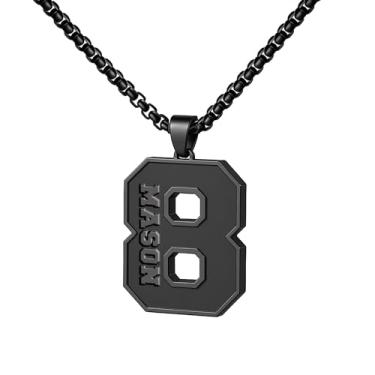 Imagem de Ldurian Colar com nome de número personalizado, pingente de corrente de número esportivo para homens, colares de nome de atletas personalizados 00-99 preto presente de aço inoxidável para homens