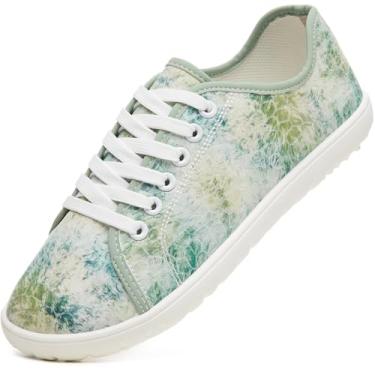 Imagem de TUOPIN Tênis feminino de cano baixo - sapatos de couro sintético preto, tênis clássico de lona jeans com cadarço para caminhadas casuais, Verde, 37