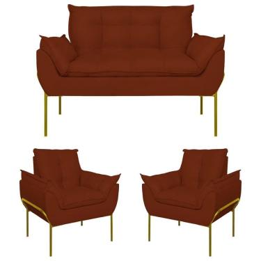 Imagem de Kit 02 Poltronas + Namoradeira Reforçada Opala Metal Dourado Terracota