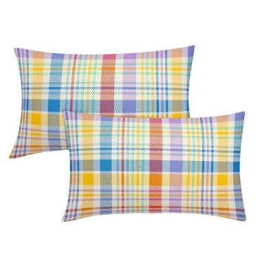 Imagem de Kawani Capas de almofada lombar de Páscoa, 30,5 x 50,8 cm, azul, laranja, roxo, xadrez, buffalo, colorido, xadrez, conjunto de 2 fronhas decorativas para festas de fim de ano, casa de fazenda,