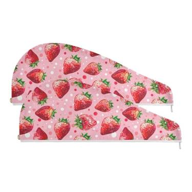Imagem de SEHANY Toalha de cabelo de microfibra de morangos rosa aquarela para mulheres, 2 peças, turbantes de cabelo de secagem rápida com botão, touca de cabelo seco absorvente toalha de secagem de cabelo