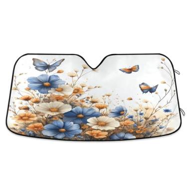 Imagem de ATTX Blue Wildflowers para-sol para para-brisas de carro 139.7 cm x 70.1 cm Protetor solar universal com proteção UV, persiana de janela frontal automática dobrável para caminhões Sedans SUVs #603