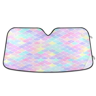 Imagem de ATTX Escamas de sereia coloridas para para-brisas de carro 139.7 cm x 70.1 cm Protetor solar universal com proteção UV, persiana de janela frontal automática dobrável para caminhões Sedans SUVs #67