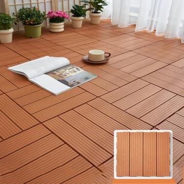 Imagem de Azulejos de deck interligados 30,5 cm x 30,5 cm, 6 ripas de piso externo azulejos de pátio de madeira de acácia, deck de piso de pátio à prova d'água para varanda quintal, uso interno e externo A 20