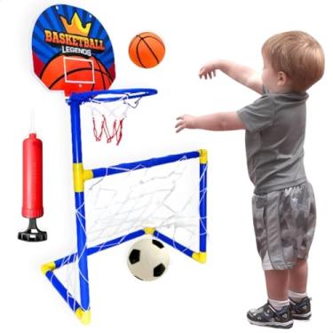 Imagem de Kit Brinquedo 2 em 1 Trave de Futebol Infantil + Mini Cesta com bola de Basquete + bomba de encher bombinha de ar presente menino menina dia das crianças aniversário