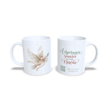 Imagem de Caneca Decorativa com Mensagem 'Que a Esperança Visite Seu Dia', Porcelana Branca, Design Floral Verde e Bege com Laço, QR Code (23200)