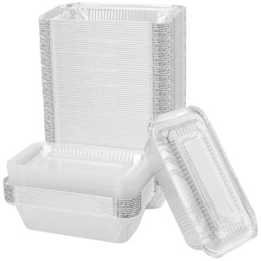 Imagem de TAICHEUT Pacote com 100 formas de pão de alumínio de 700 g, formas pequenas prateadas, formas retangulares de alumínio com tampas para panificação de pão, embalagem de armazenamento de alimentos