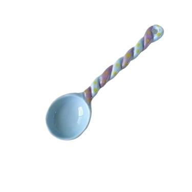 Imagem de Concha de sopa 2 colheres pequenas cerâmicas coloridas dos pces com punho curto torcido do design, para sobremesa ou sopa, colher de serviço bonito(Blue)