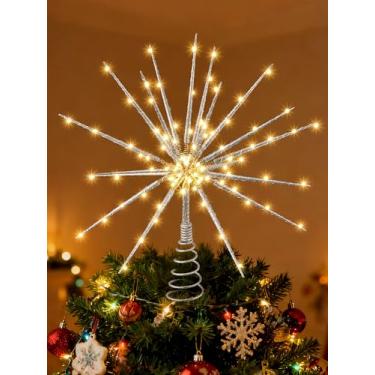 Imagem de Meonum Topo de árvore de Natal de 36,8 cm com luz LED, 19 de 100 luzes cintilantes, topo de estrela de árvore de Natal para decoração de férias, tamanho universal, leve e fácil de instalar (prata)
