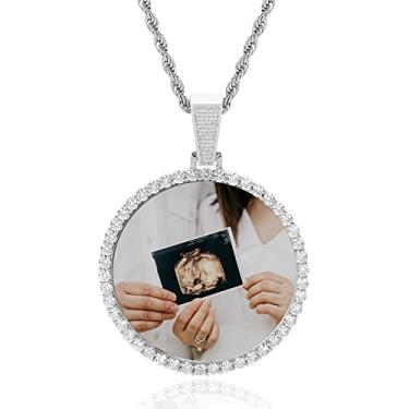 Imagem de QUNTING Colar de imagem com pingente de foto personalizado para homens, corrente de imagem redonda personalizada para mulheres, medalhão, hip hop, joias, faça você mesmo, crachá, chaveiro, bolsa
