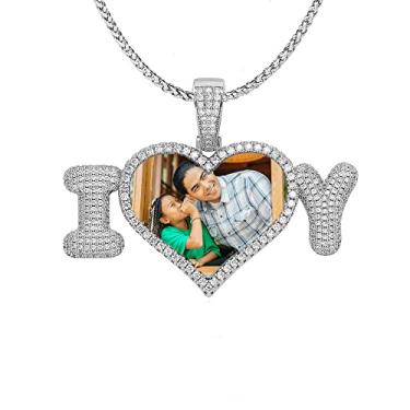 Imagem de Ied Kashiqi Colar com imagem de corrente personalizada com foto masculina, etiquetas de cachorro com pingente de memória de coração gelado para mulheres, berloques de letras, chaveiro, joias de