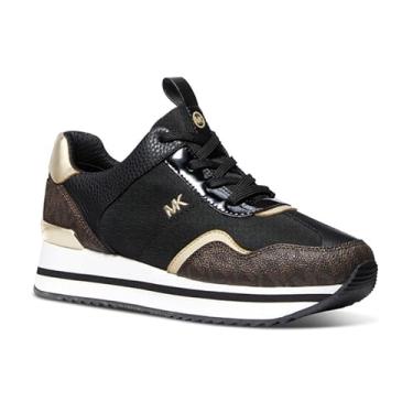 Imagem de M i c h a e l K o r s Tênis Raina Esportivo Feminino, Preto e Dourado, Couro e Mesh, Plataforma com Detalhes Metálicos No 34 Original
