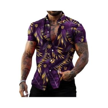 Imagem de Camisa Masculina Estilo Havaiano Com Estampa De Flores Pretas E Dourad