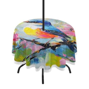 Imagem de CEBUGI Toalha de mesa redonda para uso externo, colorido, pássaro, impermeável, com furo Umberlla, capa de mesa lavável para pátio, cozinha, sala de jantar, 152 cm