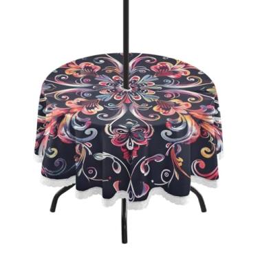 Imagem de CEBUGI Toalha de mesa redonda para uso ao ar livre, abstrata, floral, impermeável, com furo Umberlla, capa de mesa lavável para pátio, cozinha, sala de jantar, 152 cm