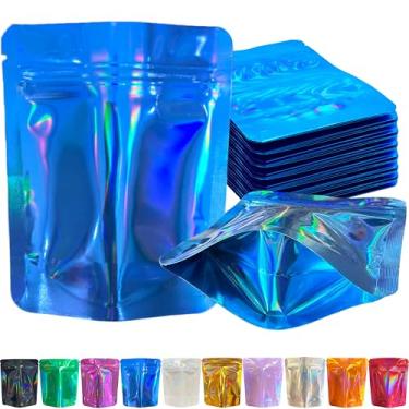 Imagem de YINGZON Pacote com 100 sacos Mylar premium à prova de cheiro, sacos de armazenamento resseláveis com impressão holográfica dupla face, sacos de embalagem de alumínio de 12,7 x 10 cm. (azul)