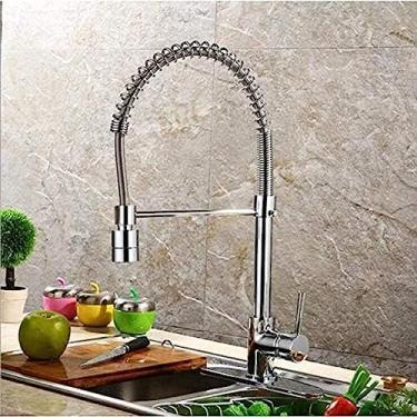 Imagem de Torneira de cozinha com aspersor giratório com alça única latão cromado torneira misturadora pia alta água quente e fria