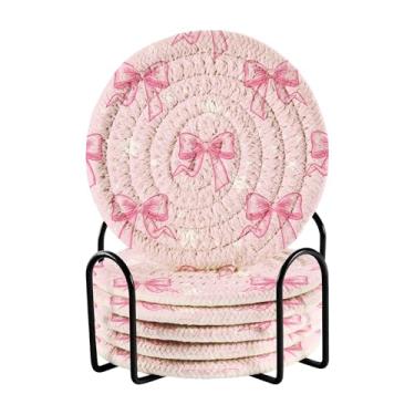 Imagem de SEHANY Conjunto de 6 porta-copos com laço rosa fofo com suporte, porta-copos redondos absorventes de algodão resistente ao calor para mesa de jantar, canecas de café, 10 cm