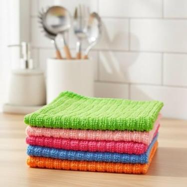 Imagem de Kit 5 Panos de Limpeza Multiuso em Microfibra, 30x30cm, Coloridos, Alta Absorção, Secagem Rápida, para Limpeza Automotiva e Doméstica.