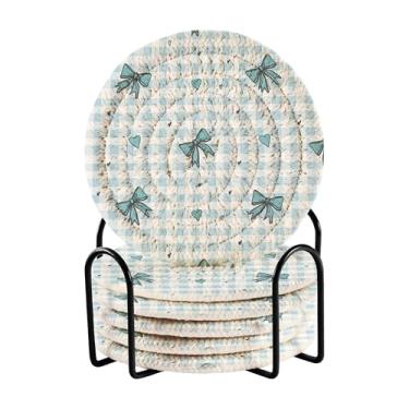 Imagem de SEHANY Lindo conjunto de 6 porta-copos de laço azul com suporte, porta-copos redondos absorventes de algodão resistente ao calor para mesa de jantar, canecas de café, 10 cm