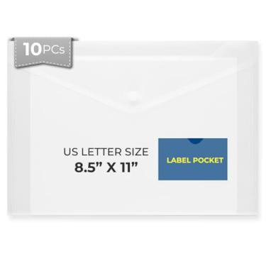 Imagem de Envelopes de plástico tamanho A4 com fecho de pressão e bolso para etiqueta - 10 peças - FLEXOFFICE - Pastas de documentos transparentes para envelopes de arquivo poli tamanho A4 para escola, casa,