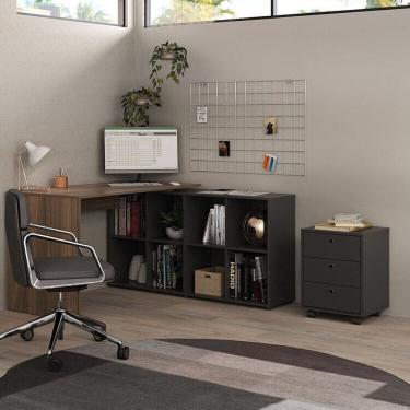 Imagem de Escrivaninha em L com 8 Nichos e Gaveteiro de 3 Gavetas com Rodízios Ipê / Preto