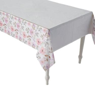 Imagem de Toalha de mesa de plástico descartável retangular de flores rosa 274 cm x 137 cm