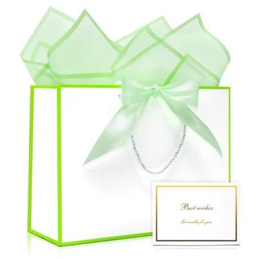 Imagem de KeerxunBag Conjunto de presente tudo-em-um: Saco de presente branco elegante com alças de fita, cartão de felicitações e papel de seda - perfeito para aniversário, casamento, dia das mães, 12,6 x 4,3