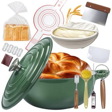 Imagem de Forno holandês de ferro fundido esmaltado de 5 litros para pão e vários cozimentos – Kit inicial completo de massa fermentada com tampa, termômetro de sonda, cesta de prova, alça de silicone e sacos