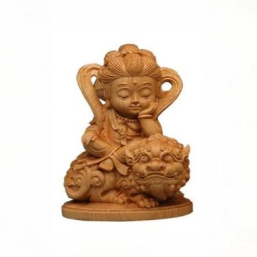 Imagem de FENNYYAR Estátua de leão sentado Samantabhadra Manjushri escultura em madeira de buxo, 10 cm, ornamento Feng Shui de mesa