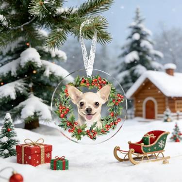 Imagem de 1 enfeite de Natal de acrílico chihuahua – decoração redonda para animais de estimação, presente ideal para amantes de cães e gatos (mulheres e homens) para árvore de Natal