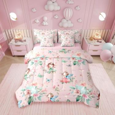 Imagem de Erosebridal Jogo de cama solteiro de jardim de fadas - Jogo de cama com estampa de borboleta e floral, flores rosa e verde, fadas | lençol com elástico fofo + lençol de cima