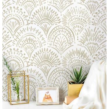 Imagem de Safiyya Papel de parede Peel and Stick Boho Contact Paper 43.9 cmx500.4 cm bege e branco papel de parede moderno autoadesivo removível para quarto rolos de vinil