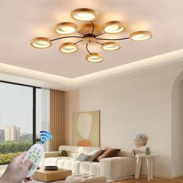Imagem de Luminária de teto nórdica LED de madeira, estilo lustre moderno e simples para sala de estar grande, restaurante, iluminação criativa, luminária dimerizável para quarto com controle remoto,