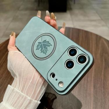 Imagem de SFDSUH Capa com estampa de folha de bordo para iPhone 16 Plus, compatível com carregamento sem fio e com ímã (Azul claro)