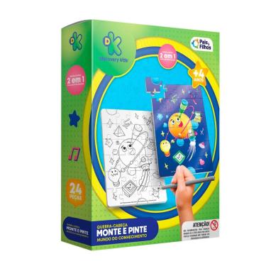 Imagem de Quebra-Cabeça Discovery Kids 2 em 1 Monte e Pinte Mundo do Conhecimento Pais e Filhos 4+ Anos 24 Peças